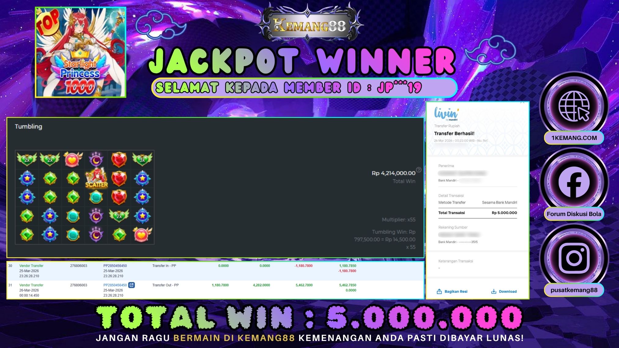 KEMANG88 [26 Maret 2026] : JACKPOT SLOT : STARLIGHT PRINCESS 1000 [PP] Rp. 5.000.000.,- LUNAS